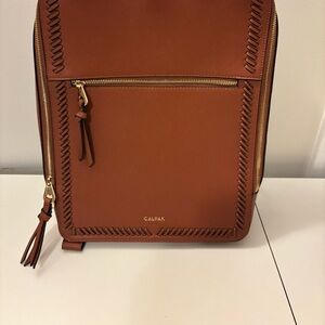 Calpak Cognac Whipstitch Leather Laptop Backpack